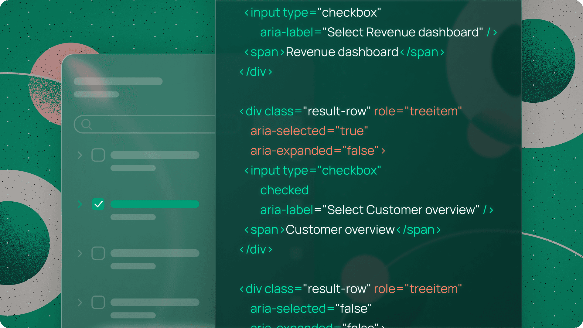 HTML code snippet showing ARIA accessibility attributes alongside a UI checklist with a selected ticked item highlighted in teal.