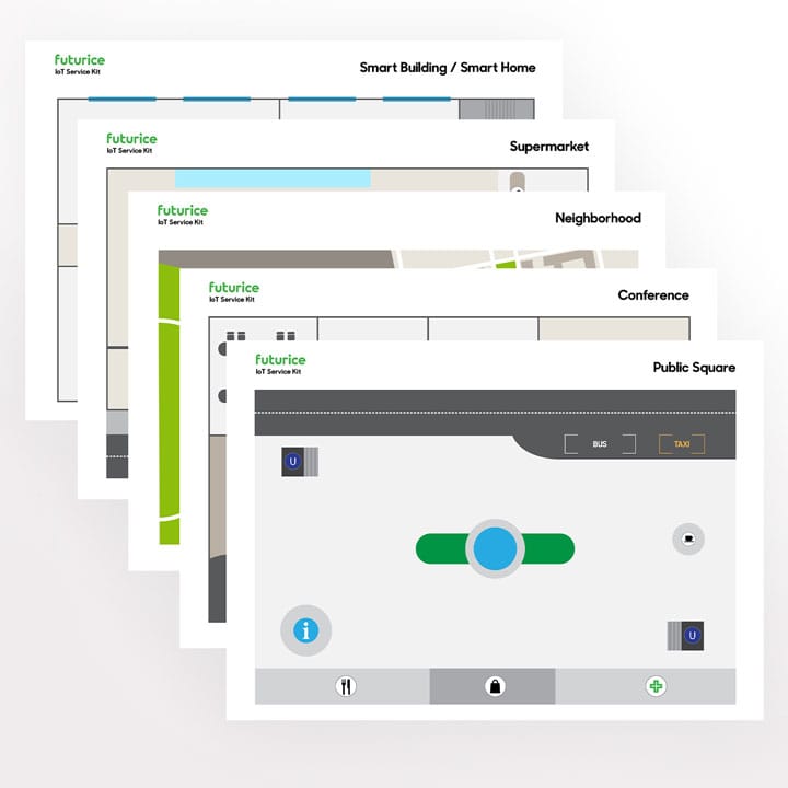Layered diagrams showing Futurice IoT Service Kit applications for smart buildings, supermarkets, neighborhoods and public spaces.