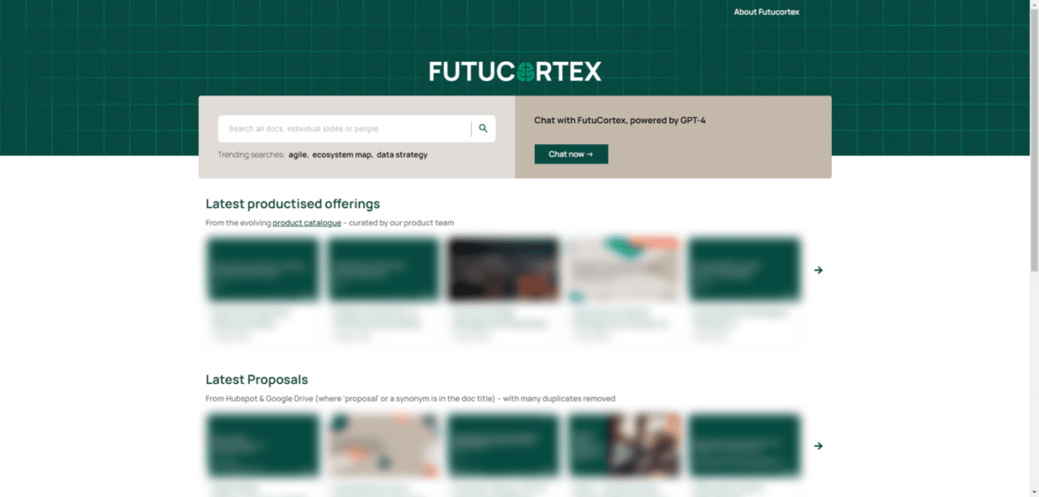 Blurred screenshot of FutuCortex - a Futurice internal knowledge center - user interface