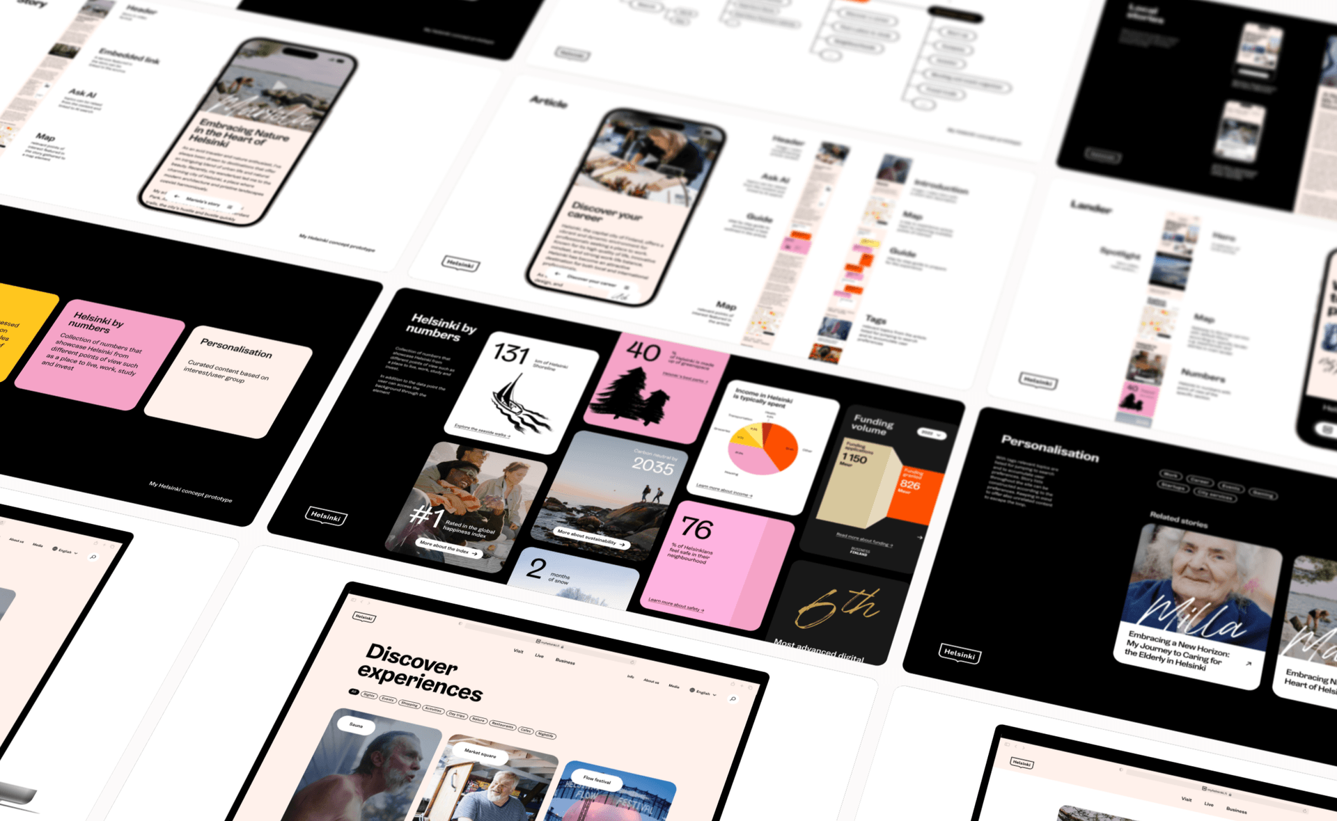 Mobile app interface mockups showing article layouts, statistics cards in pink and black, and personalised content sections.