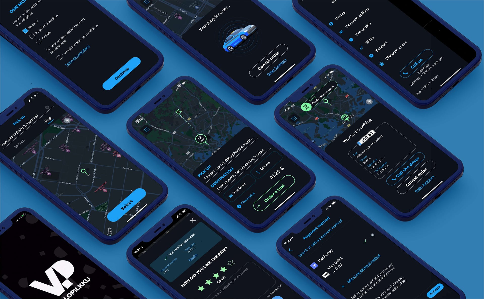 Multiple smartphone screens showing a car-sharing app interface with maps, vehicle search, and payment options on a blue background.