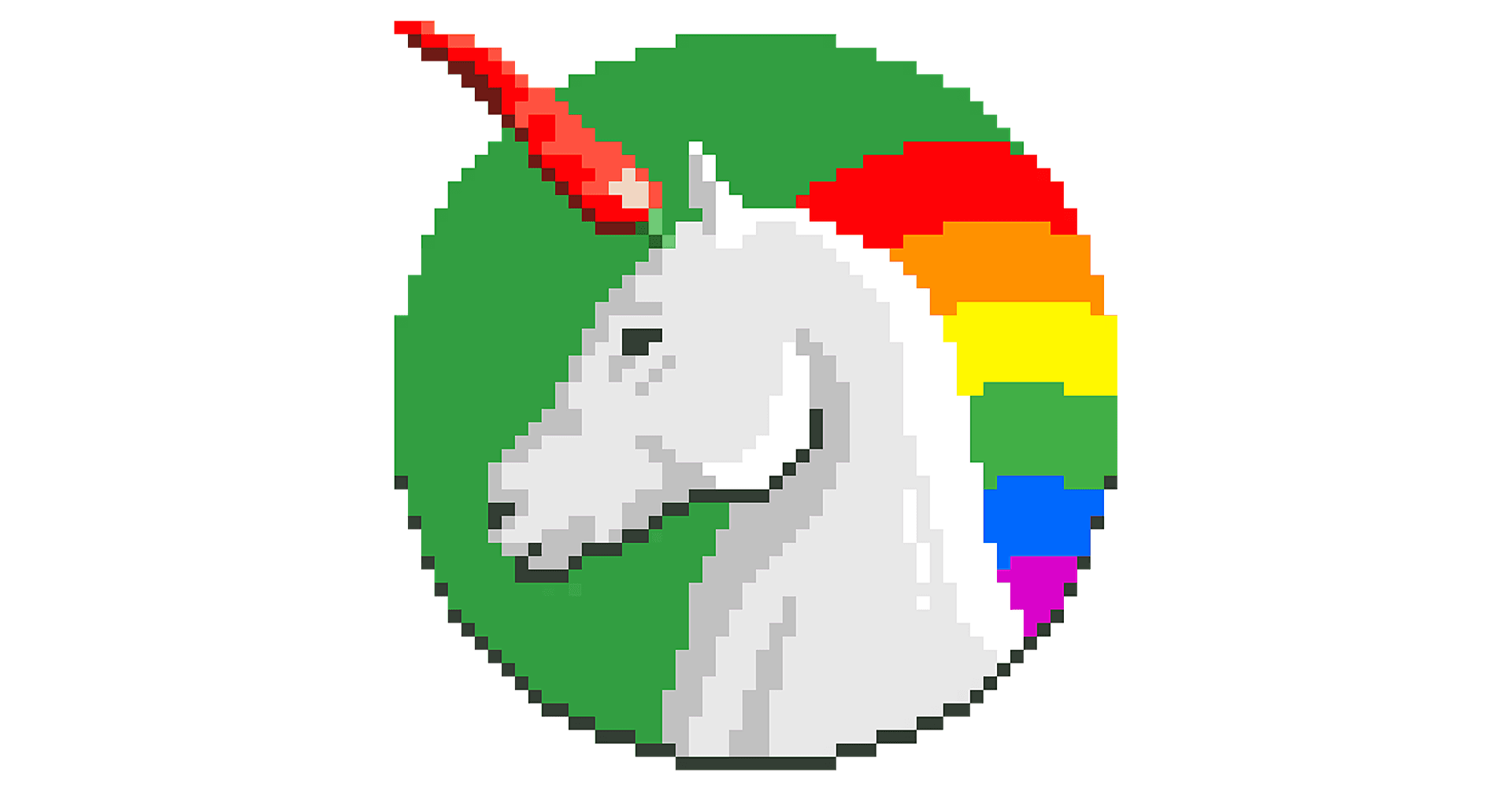 Pixelated white unicorn with horn against a circular rainbow background in pride flag colours.