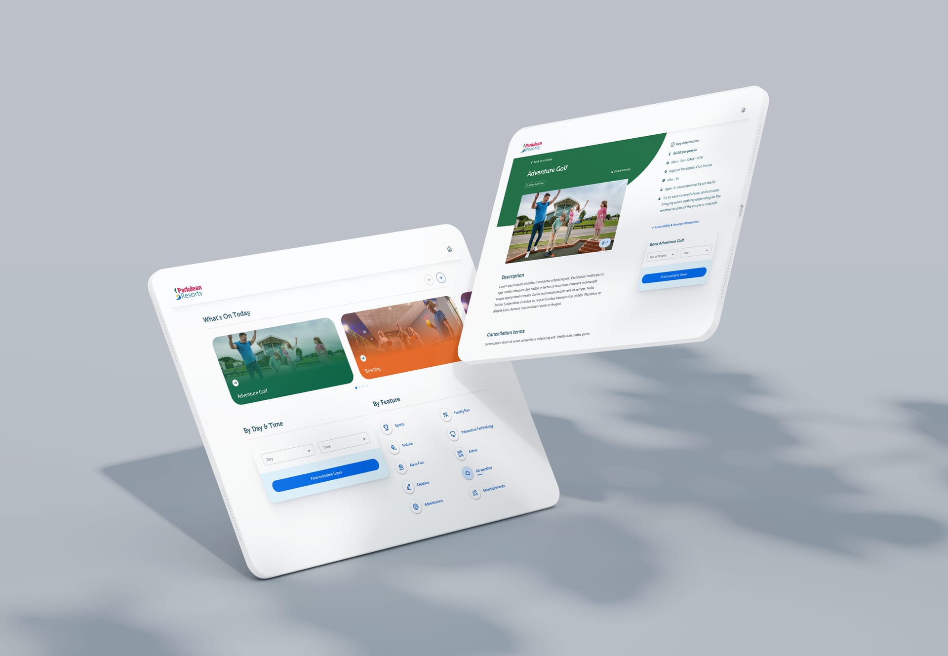 Two tablet displays showing Holiday Resorts website with Adventure Golf booking page and activity selection interface.