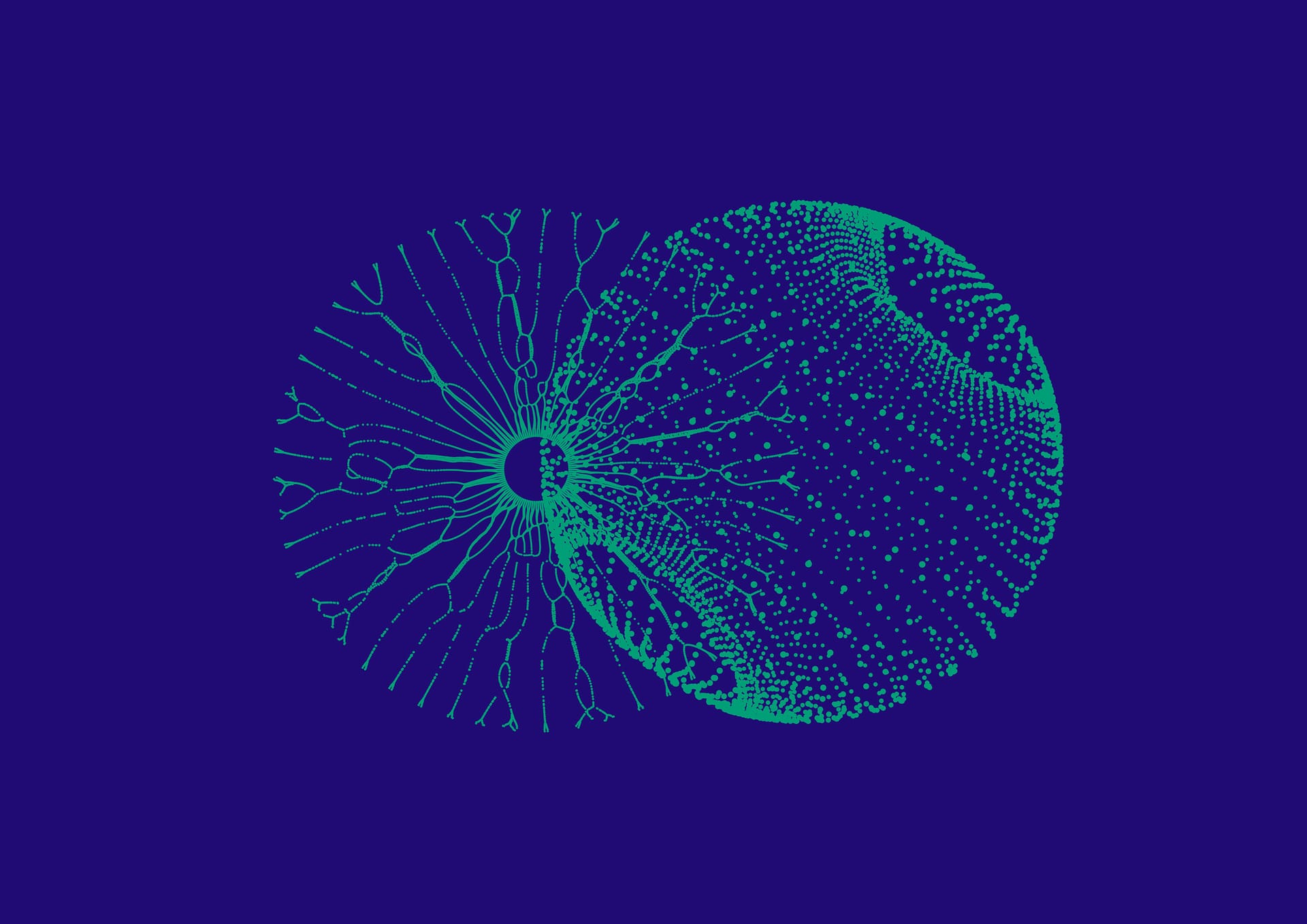 Abstract digital illustration of a teal neural network or biological structure radiating from a central point on deep purple background.