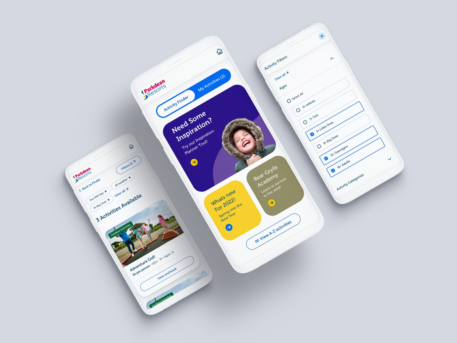 Three smartphones displaying Parkdean Resorts app screens with activity finder, inspiration page, and filter options.