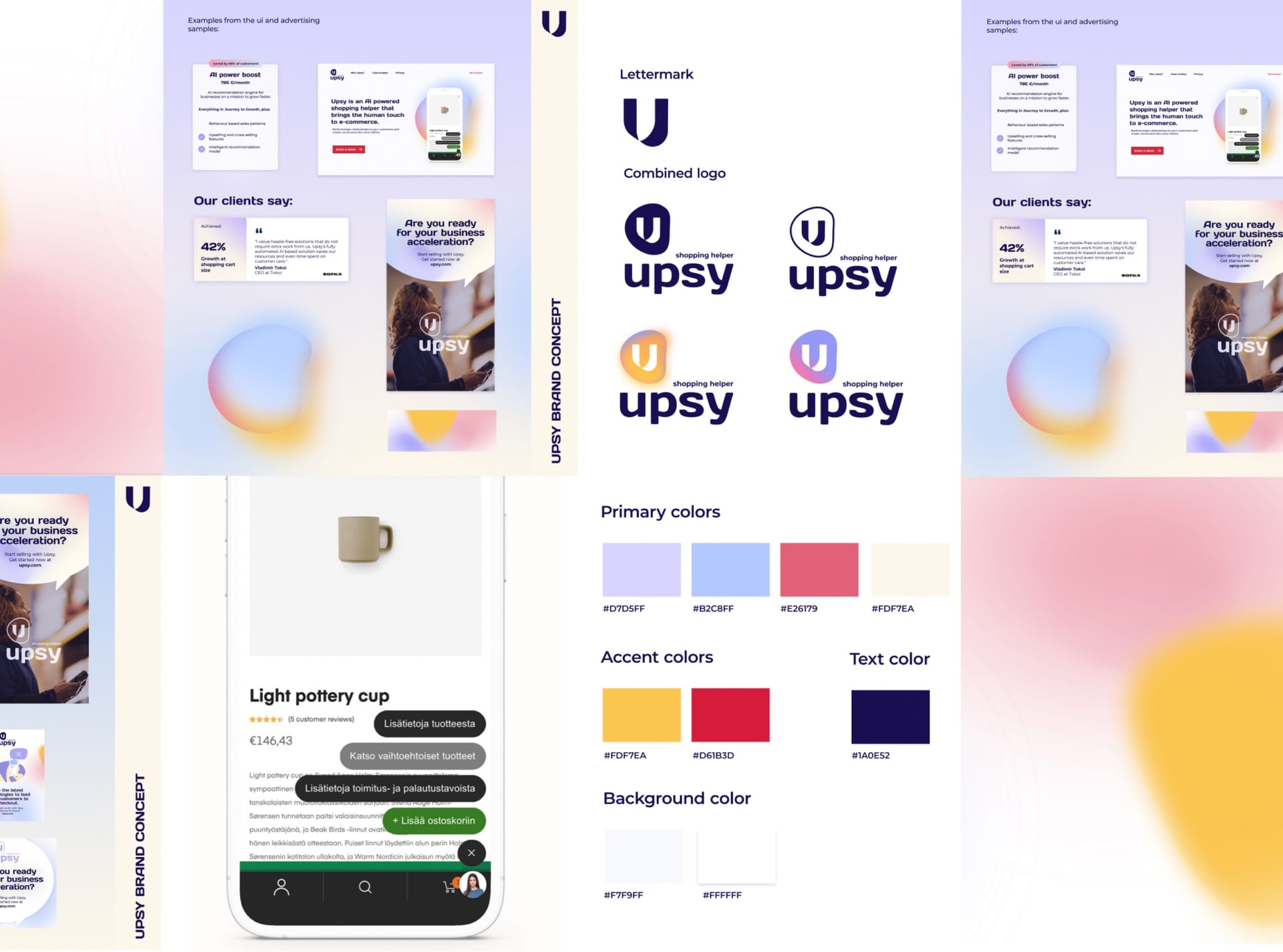 Brand style guide for Upsy showing logo variations, website mockups, color palette, and mobile app interface design.