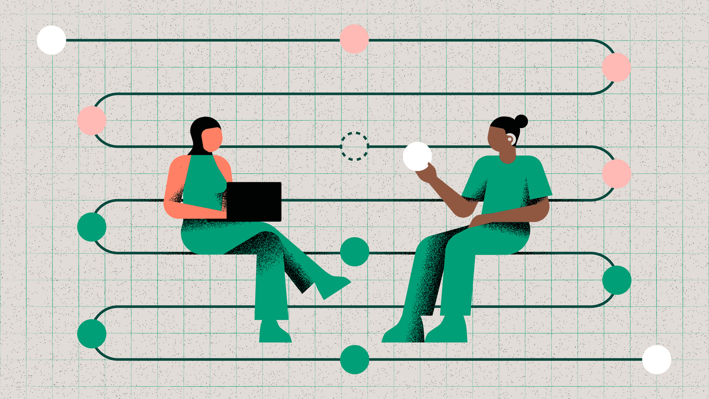 Two people in green outfits sitting on connected pathway lines with coloured dots, one using laptop, one holding white ball.