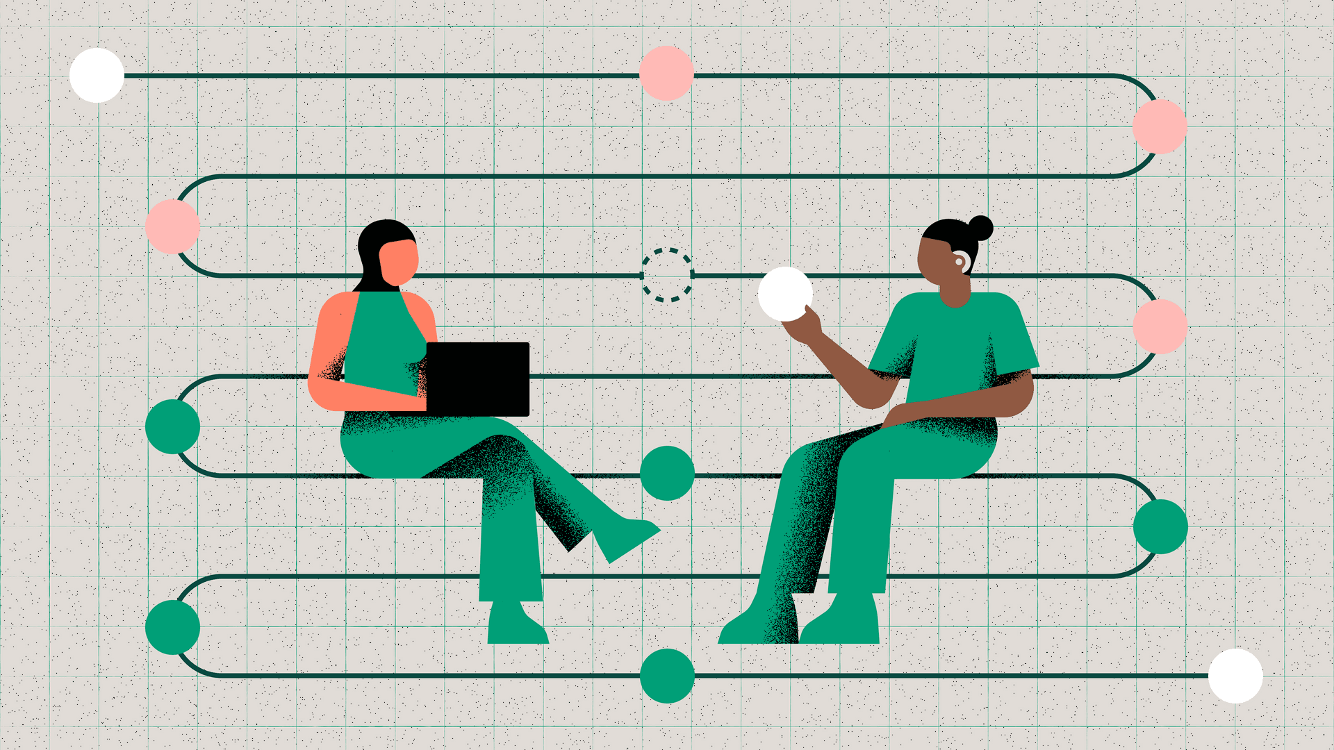 Two people in green outfits sitting on connected pathway lines with coloured dots, one using laptop, one holding white ball.