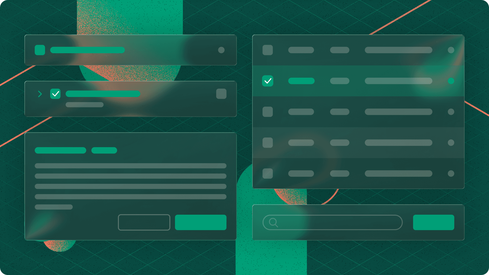 Dark green UI mockup showing form components with checkboxes, a text panel, a data table, and a search bar with teal accents.
