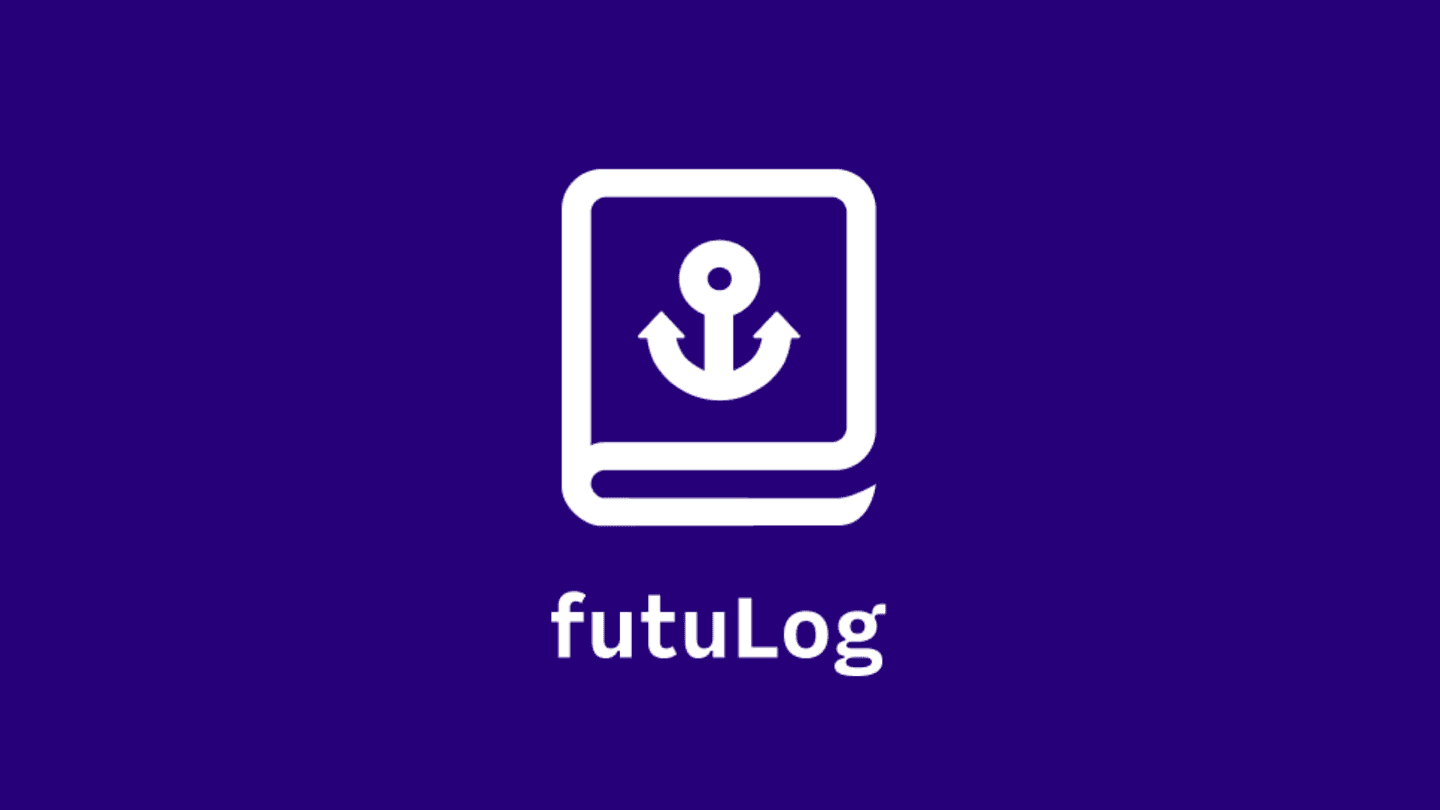 FutuLog logo featuring a white book icon with anchor symbol on deep purple background.