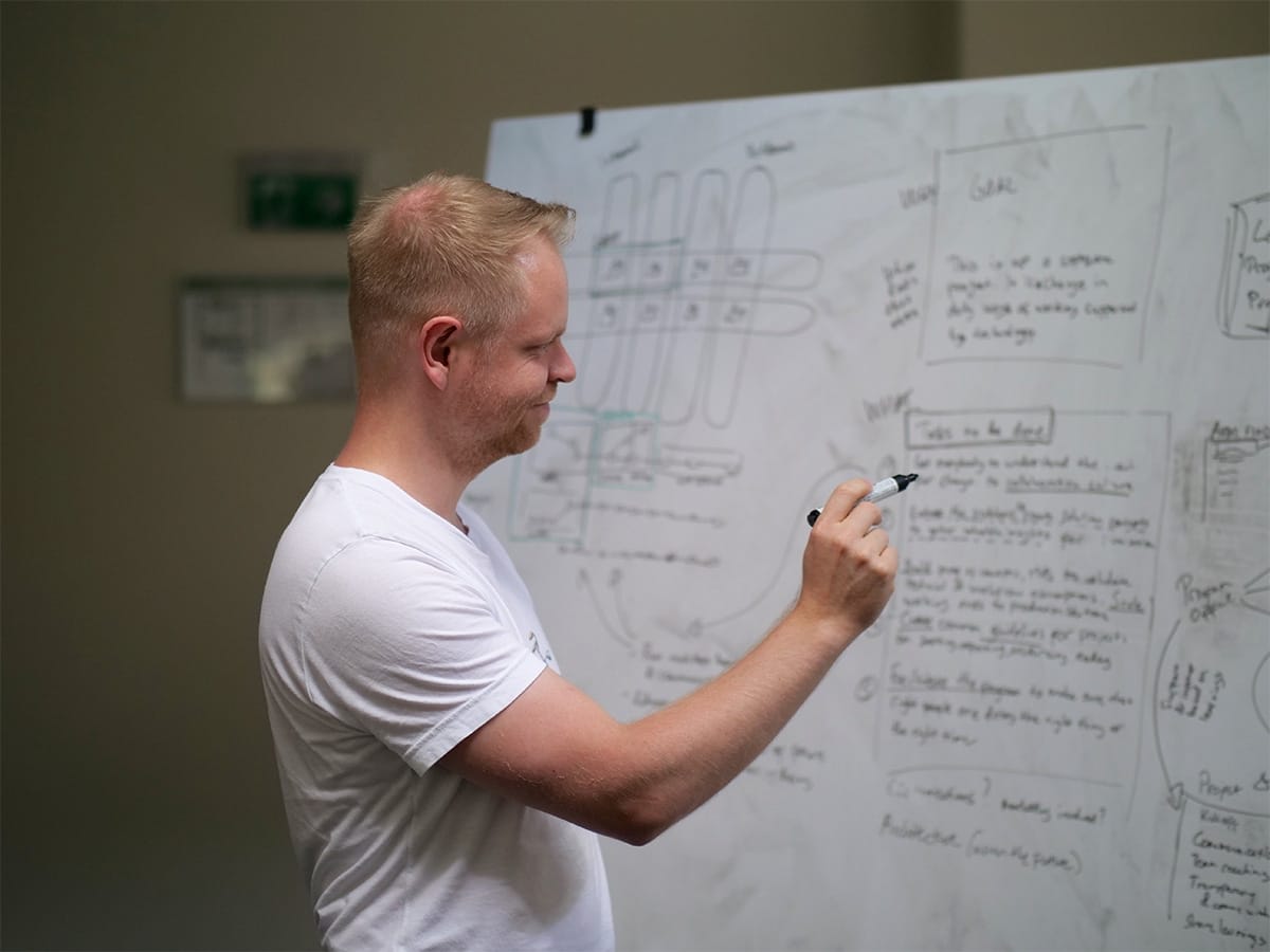 Person in white t-shirt writing on whiteboard covered with diagrams and notes during a planning session.