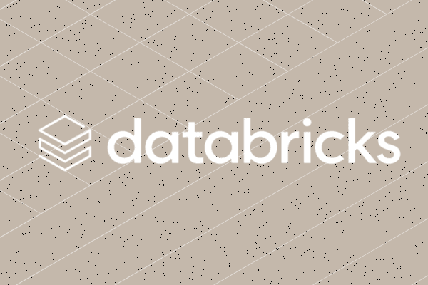 Databricks logo in white on a beige textured background with grid pattern and small dots.