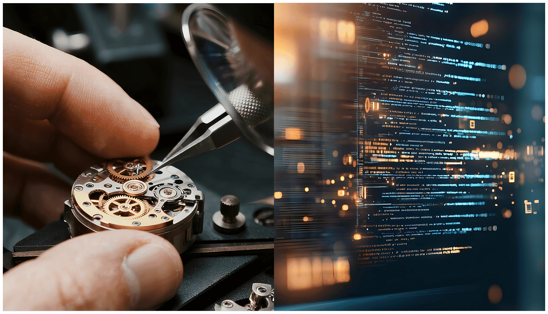 Split image showing watchmaker repairing intricate mechanical watch movement alongside digital programming code display.