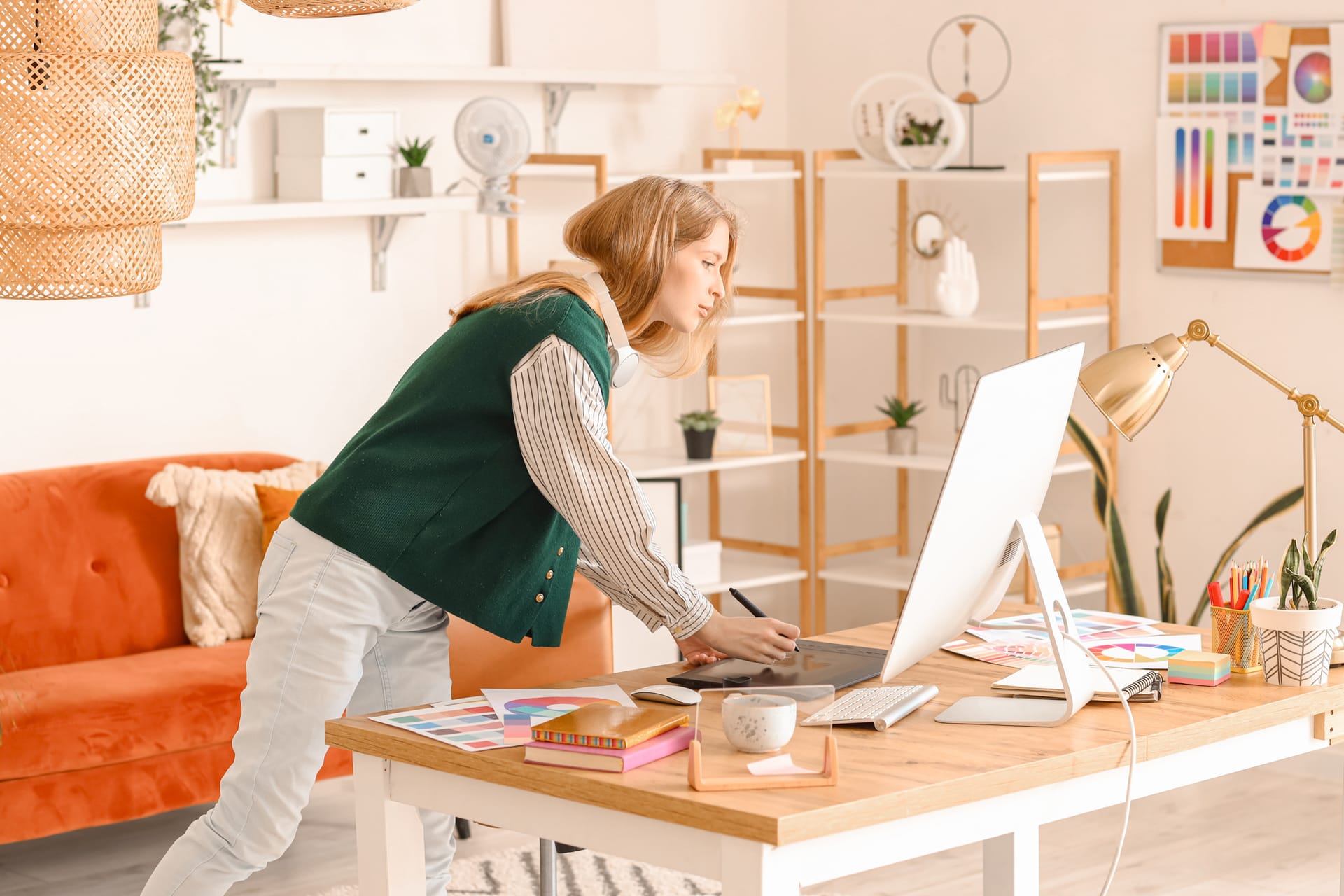 Person working on graphic design at wooden desk with computer, drawing tablet and colour swatches in bright home office.