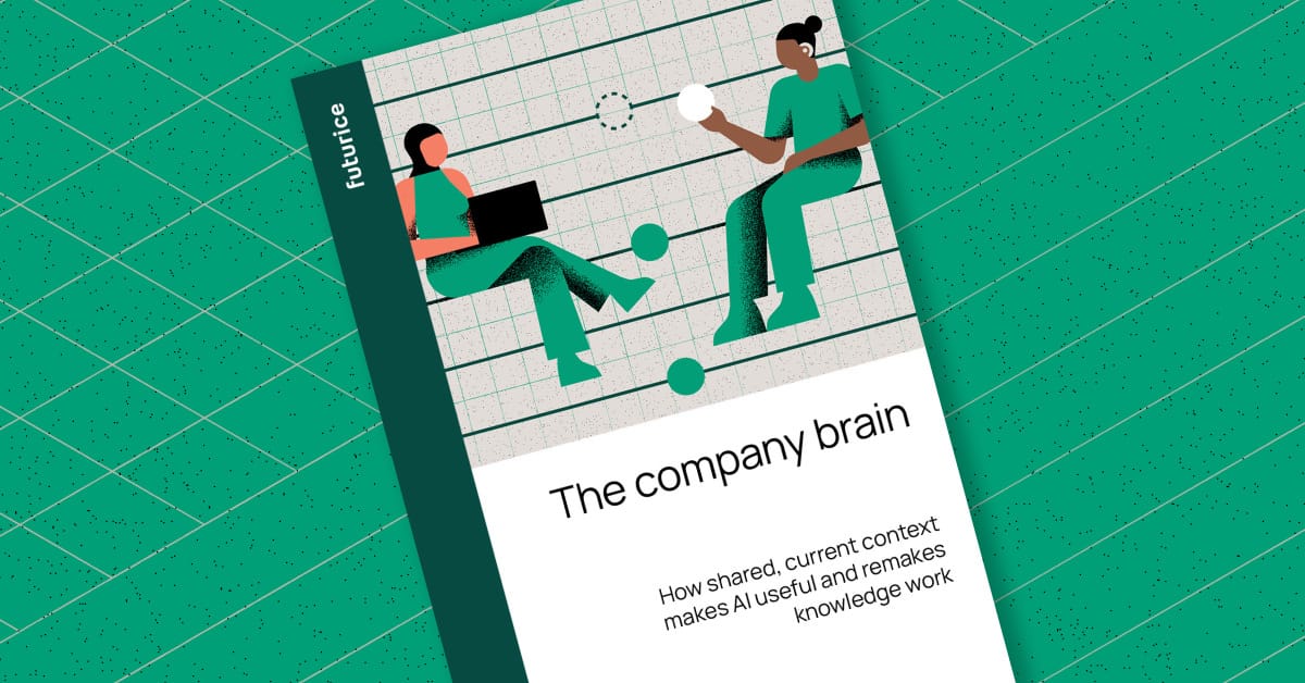 Illustration of two people with a laptop and ball on a grid, beside text reading “The company brain”.