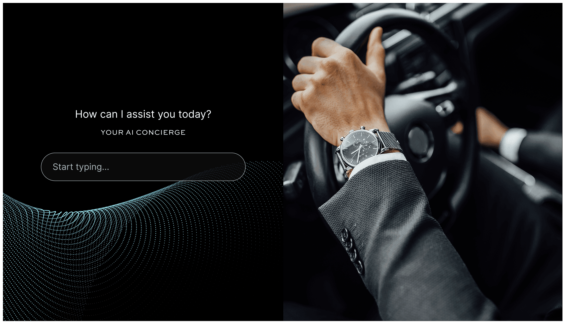 Person in suit driving car with luxury watch, alongside AI concierge interface with text prompt and digital wave pattern.