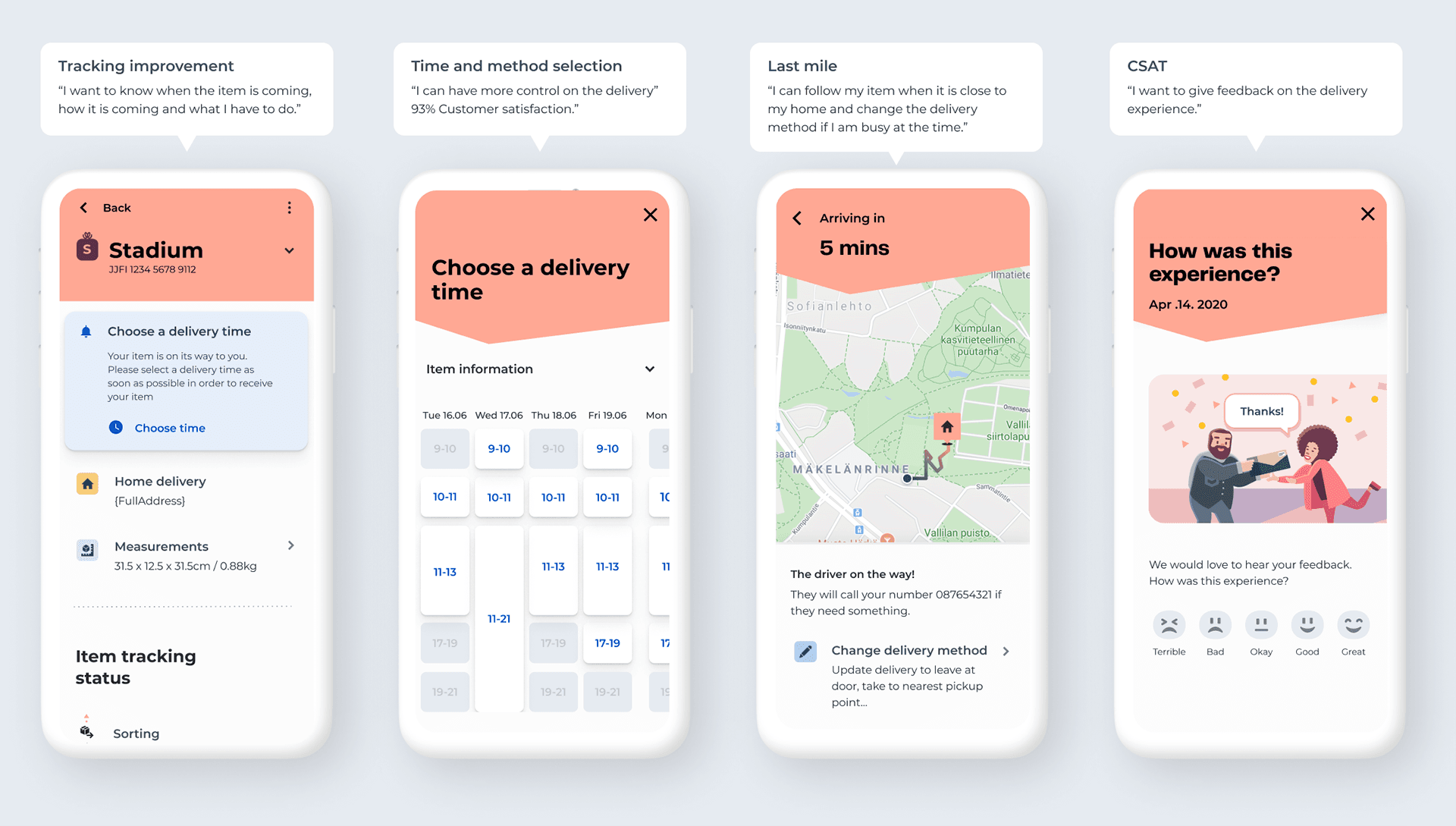 The image shows 4 different app interface screenshots from the Post app featuring their new and improved design across Tracking, Time and method selection, delivery notifications and user feedback.