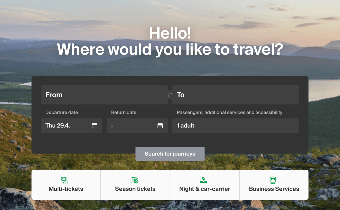 Travel booking interface with mountain landscape background, showing journey search form and ticket options.