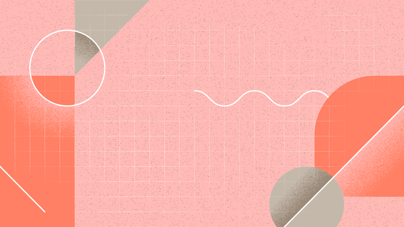 Abstract geometric design with pink and coral shapes, white grid lines, grey circles, and wavy white line on textured background.