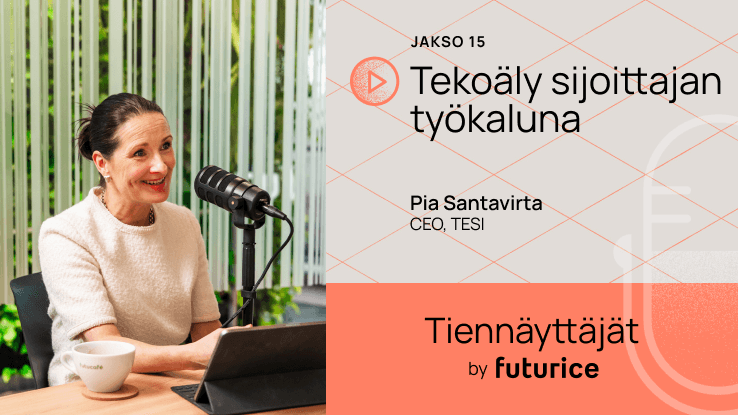 Person speaking into microphone at podcast recording with Finnish text and Futurice branding in coral and grey.