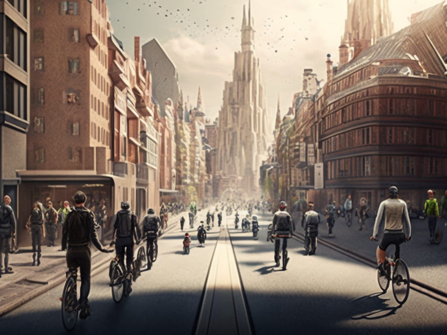 Bustling European city street with cyclists and pedestrians, historic buildings and a Gothic cathedral in the distance.