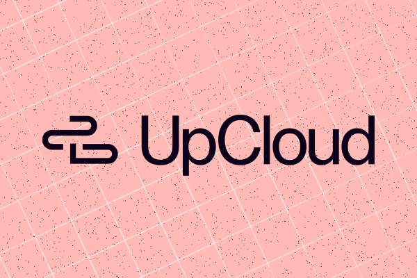 UpCloud logo displayed on a textured pink background with a subtle grid pattern.