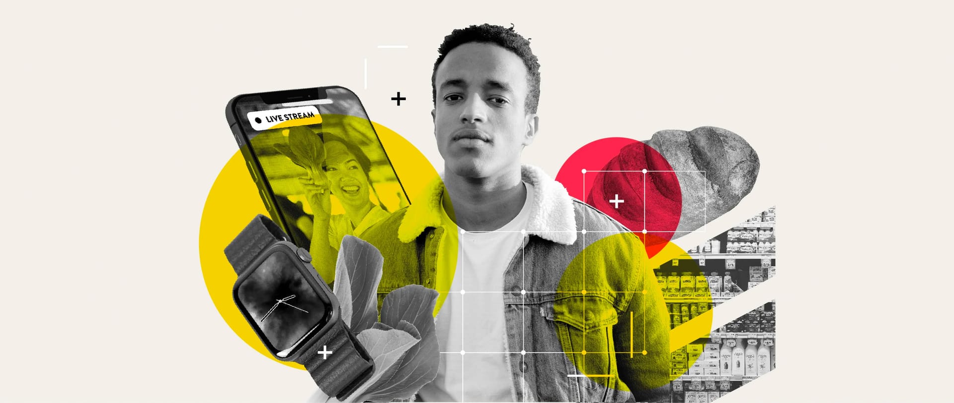 Person in monochrome with yellow and red circular overlays showing smartphone livestream, smartwatch and retail shelves.