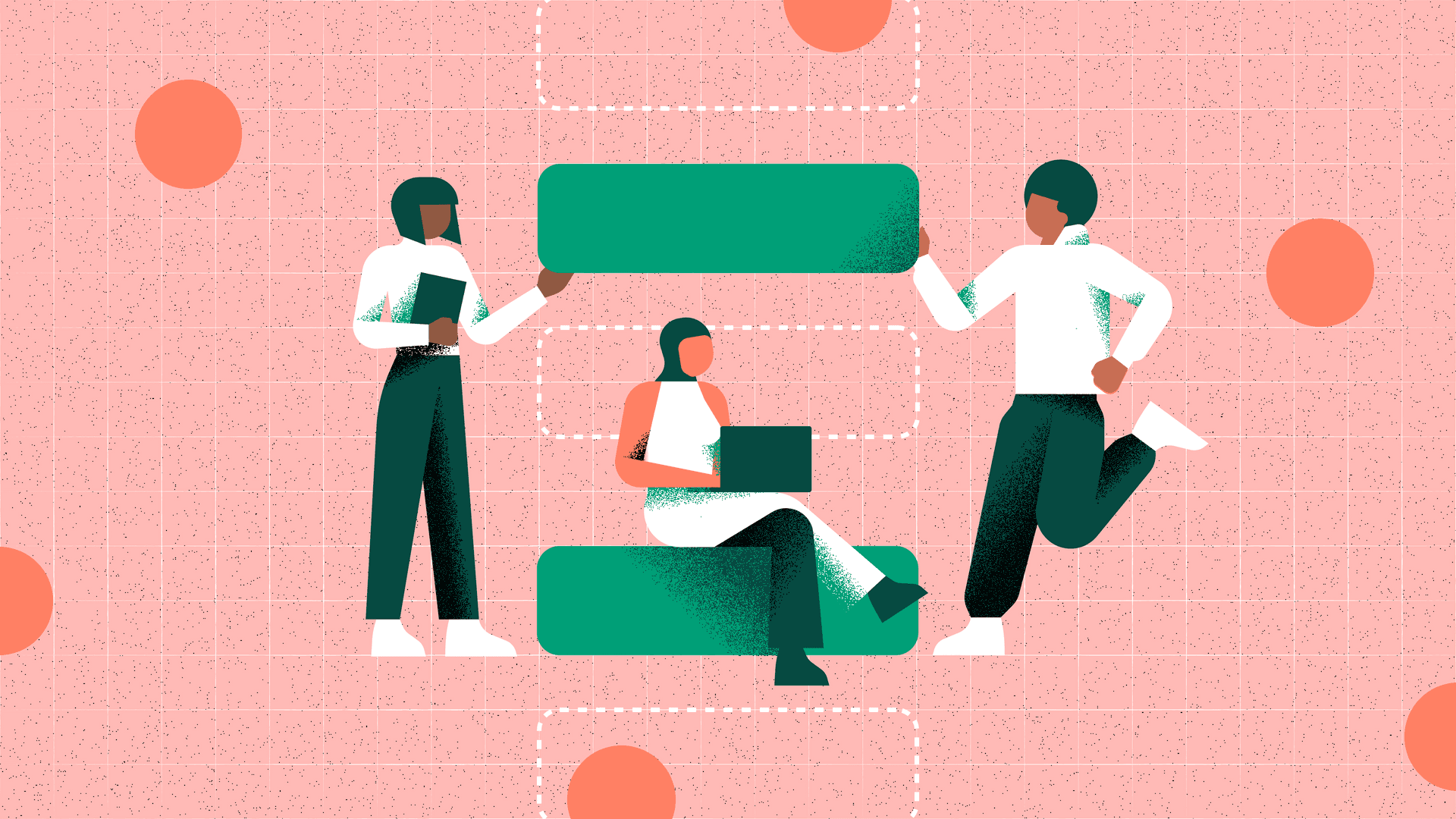 Stylized illustration of three people collaborating on a project with green speech bubbles on a pink textured background.