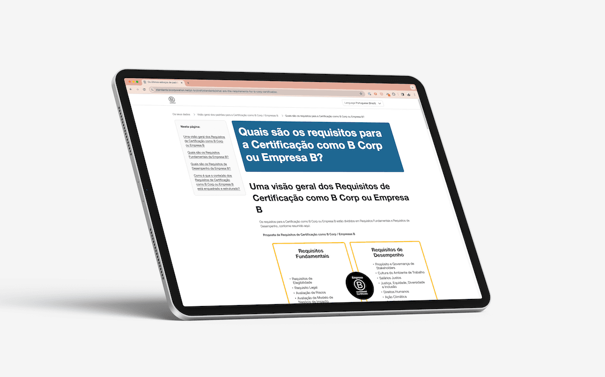 An ipad showing the B Lab page in Brazilian Portugese