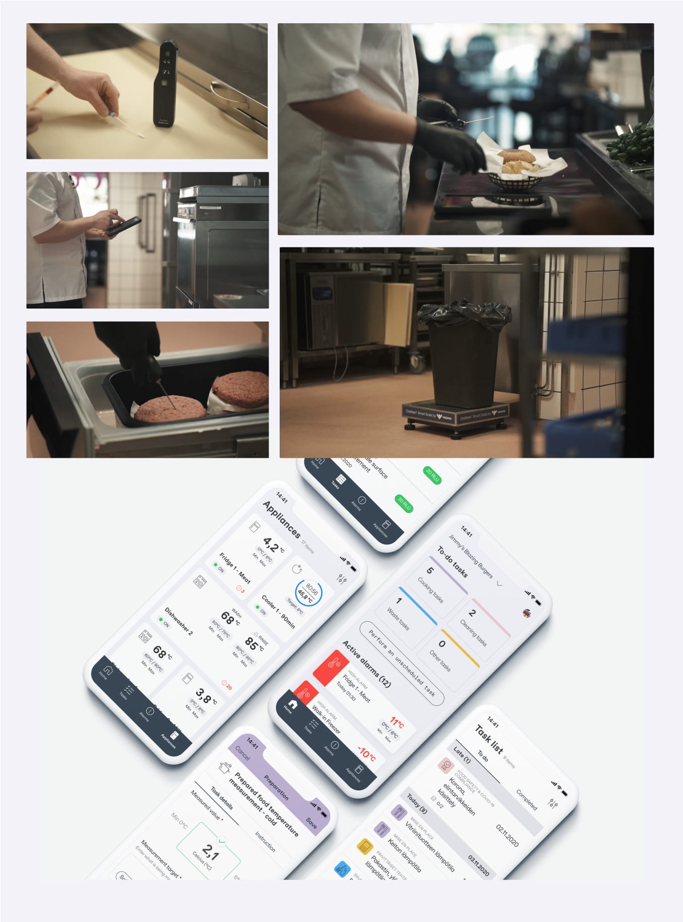 Collage showing restaurant kitchen operations with chef preparing food, cooking burgers, and mobile app interfaces for kitchen management.