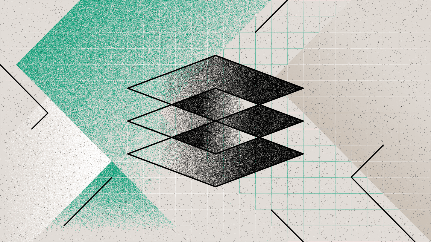 Abstract geometric design with stacked diamond shapes in black gradient on a grid background with mint green and beige elements.