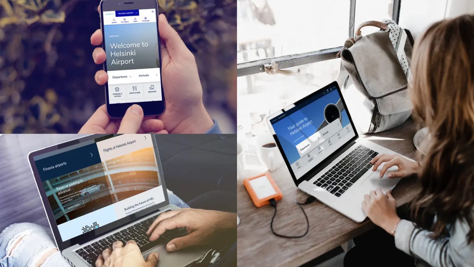 Helsinki Airport digital services shown on smartphone and laptops, displaying flight information and airport guides.