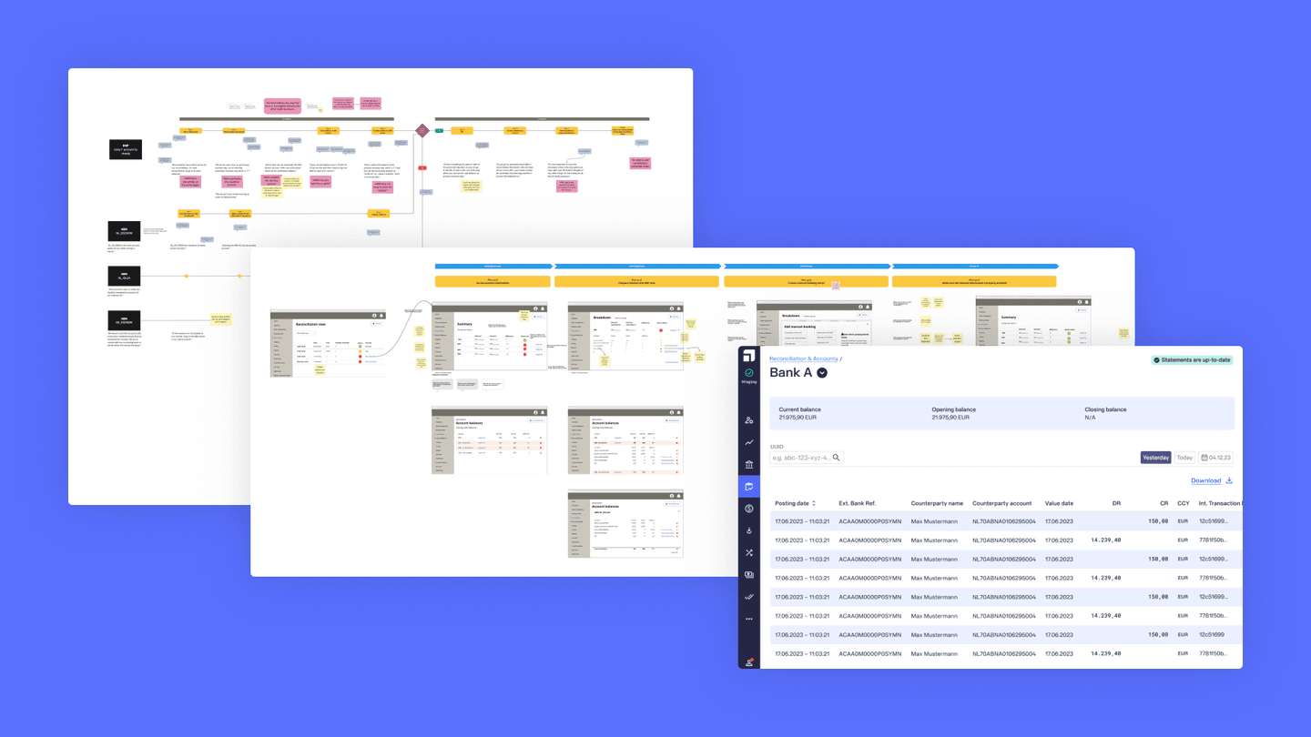 Banking interface showing user journey flowchart, wireframes, and account dashboard with transaction details on blue background.