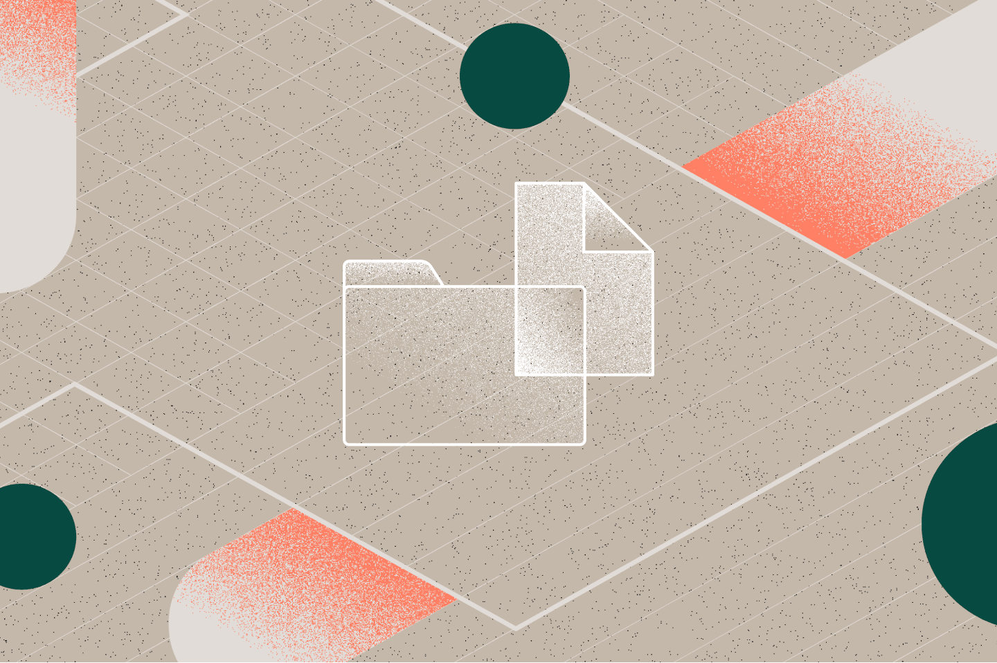 Abstract graphic design with document icon on beige textured background, featuring green circles and coral geometric shapes.