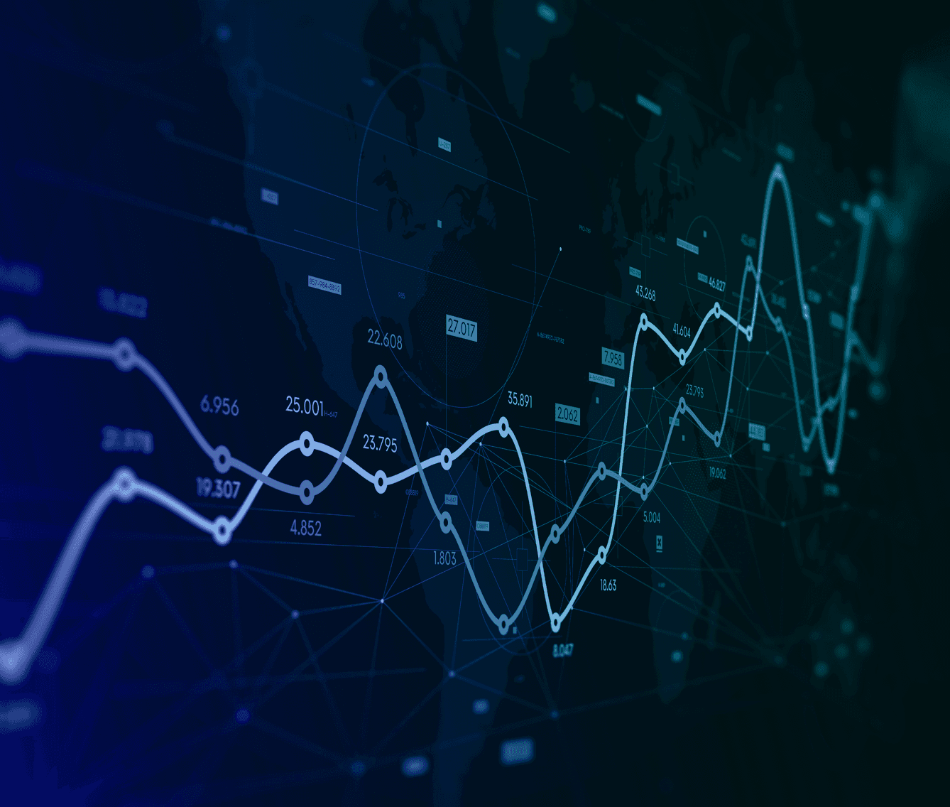 Financial data visualisation with glowing blue line graphs and numerical values on a dark background.