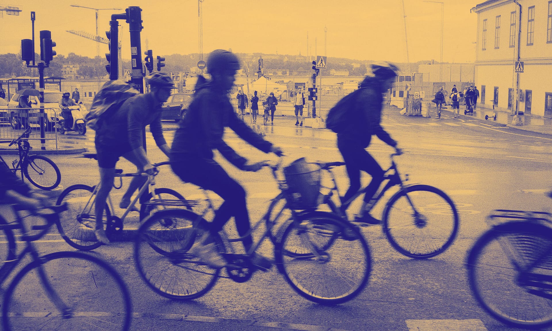 Colorized photo of people on bicycles in Stockholm, Sweden