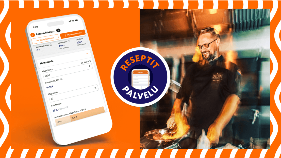 Mobile app showing recipe details next to chef cooking with flames in kitchen, with "Reseptit Palvelu" logo in centre.