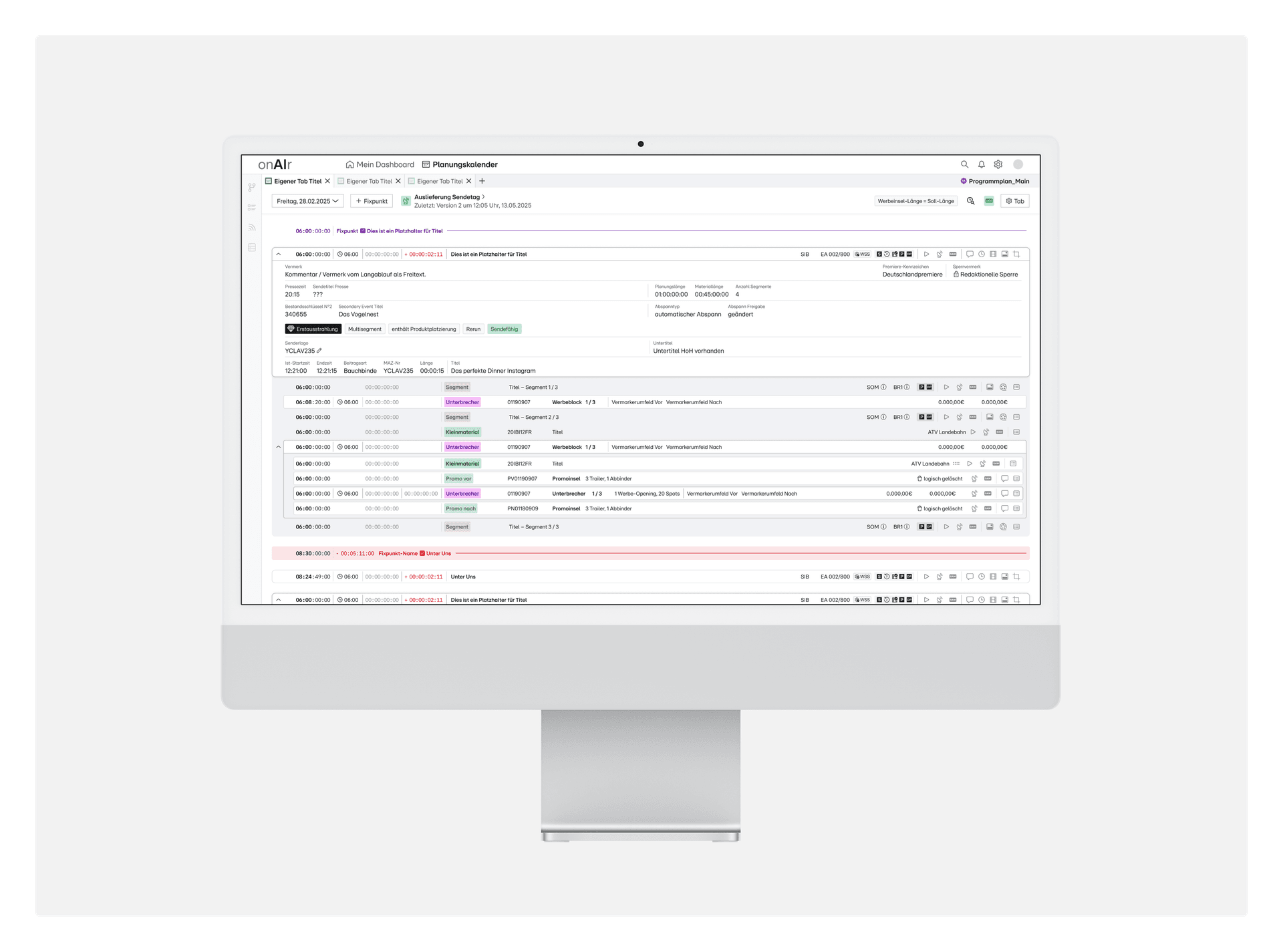 Computer monitor displaying onAir scheduling software with colour-coded programme segments and broadcast planning interface.