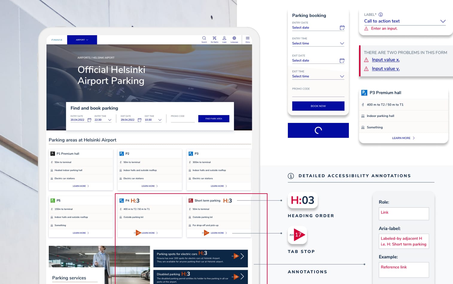 Helsinki Airport parking booking interface showing reservation form, parking areas, and accessibility annotations with error indicators.