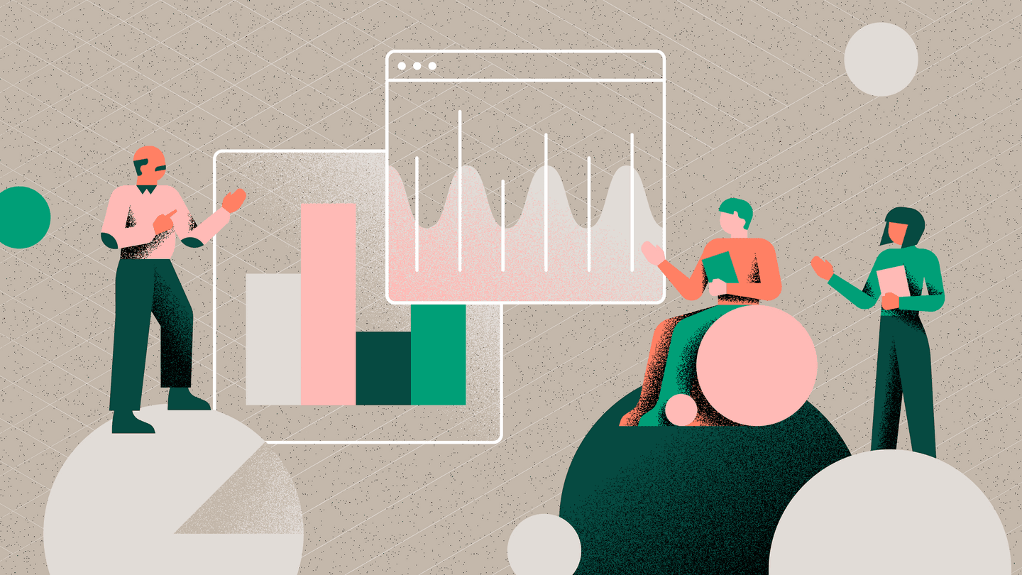 Stylized illustration of people discussing data analytics with pink and green bar charts and line graphs on a beige background.