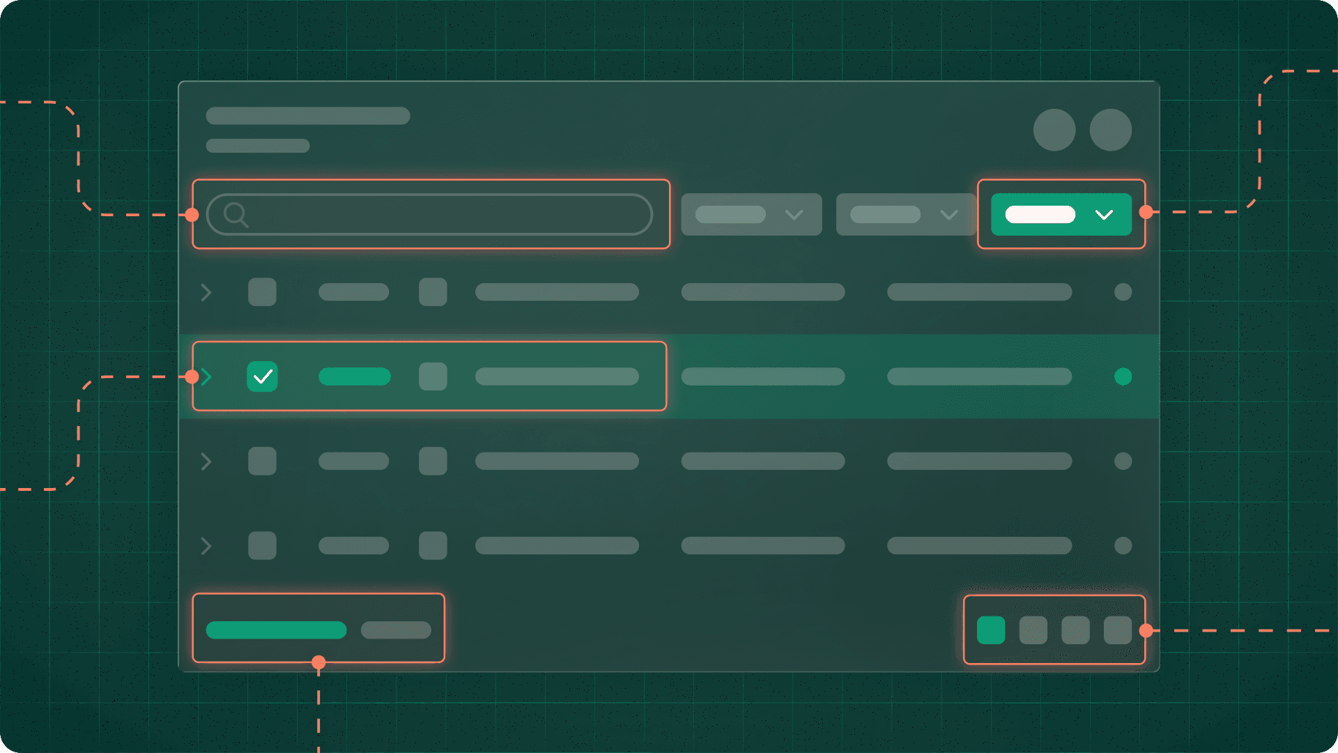A dark green UI dashboard mockup with a search bar, dropdown filters, a selected row with a green tick, and highlighted interface elements.