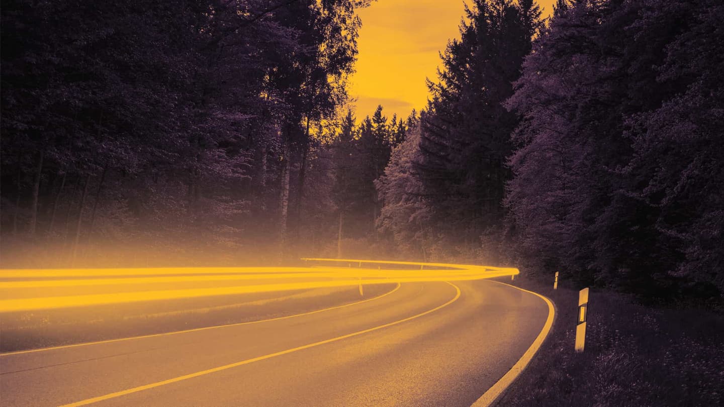 Winding road at sunset with light trails through a purple-tinted forest, golden sky visible through the trees.