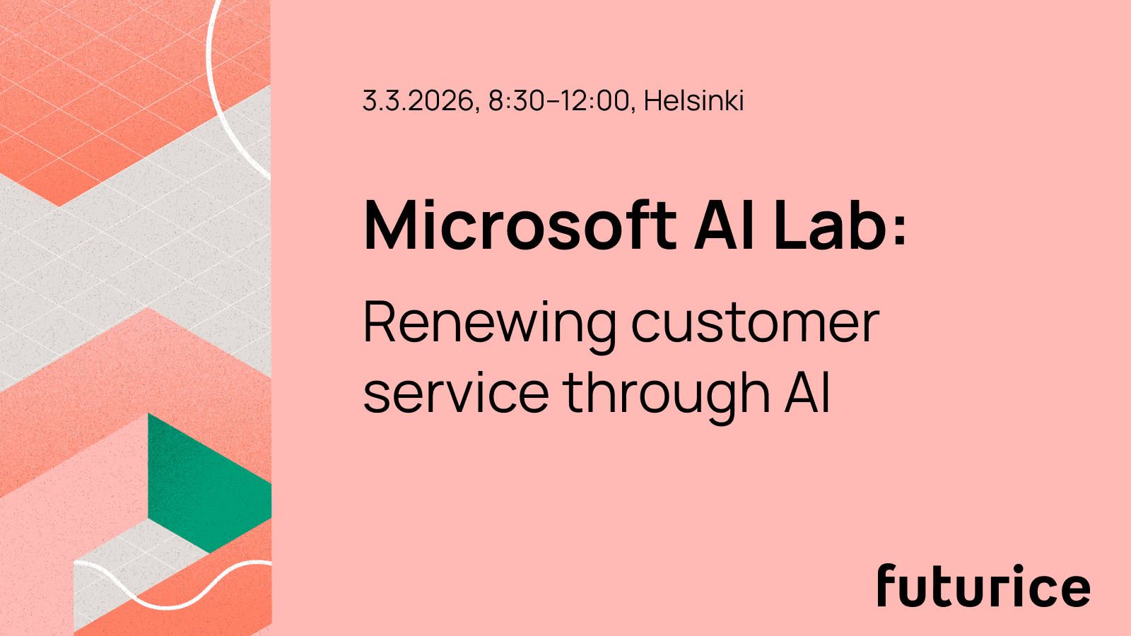 Microsoft AI Lab event poster with geometric shapes on coral background, showing date and venue details for Helsinki.