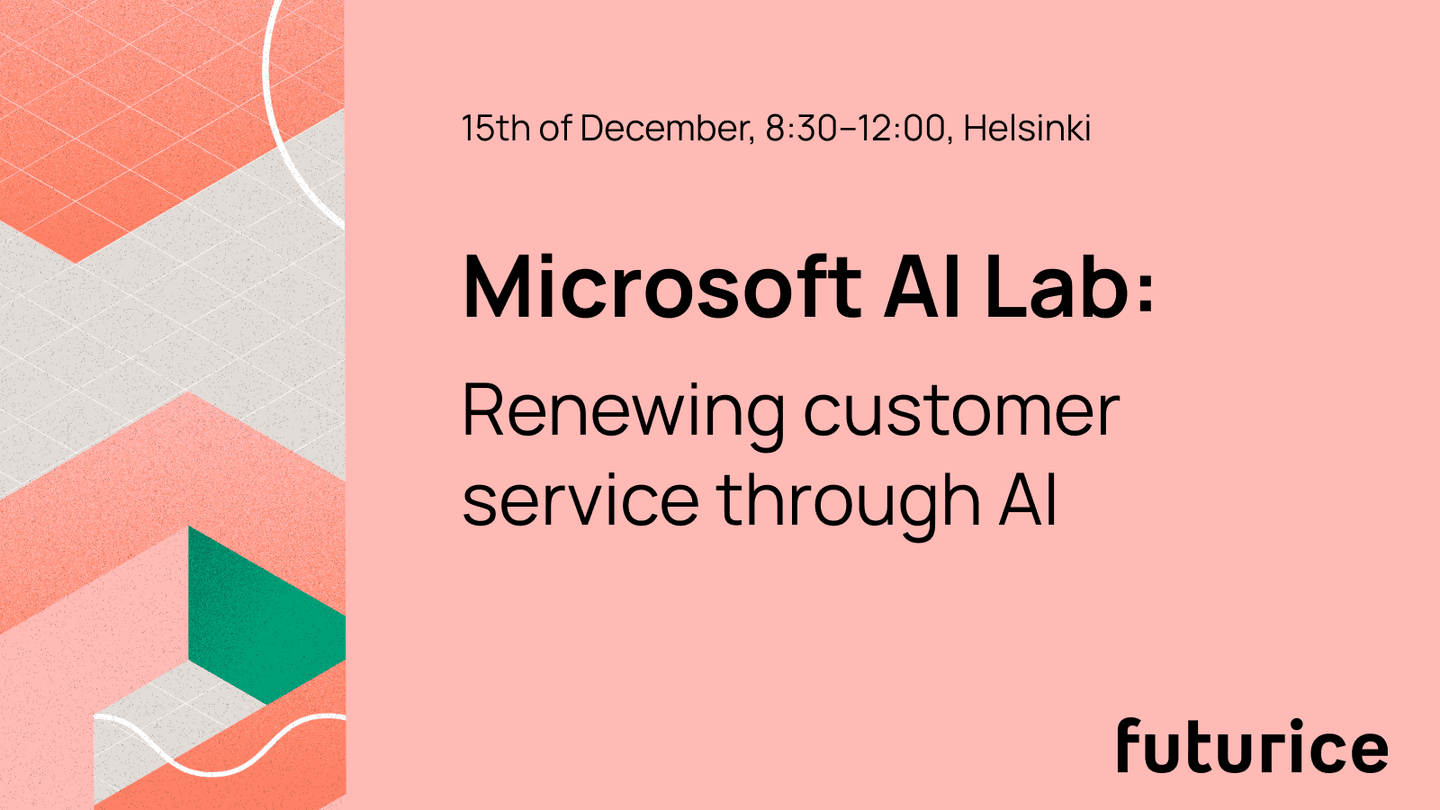 Microsoft AI Lab event poster with geometric shapes on coral background, showing date and venue details for Helsinki.