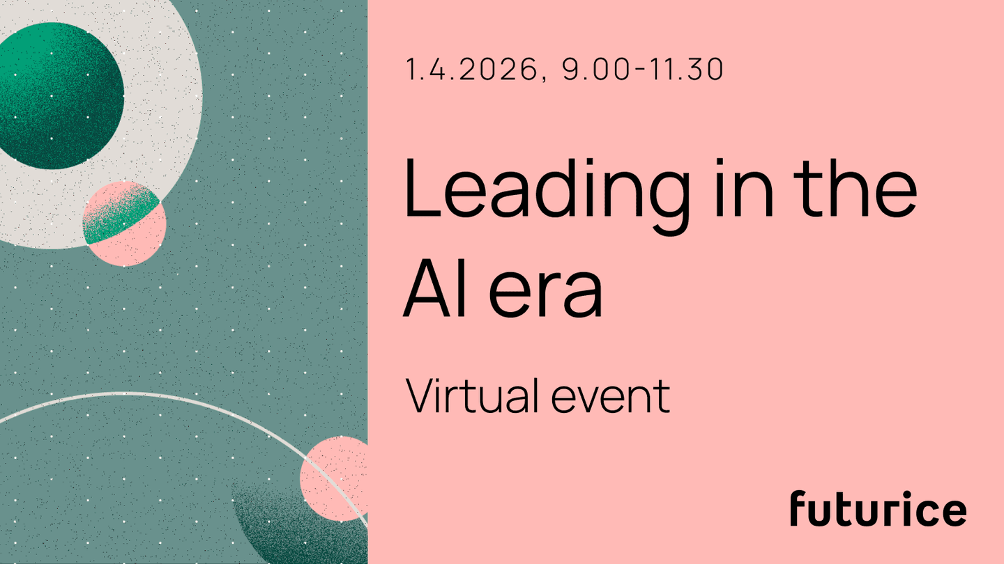 Graphic for "Leading in the AI era" virtual event on 1.4.2026, featuring geometric shapes in green and pink colours.