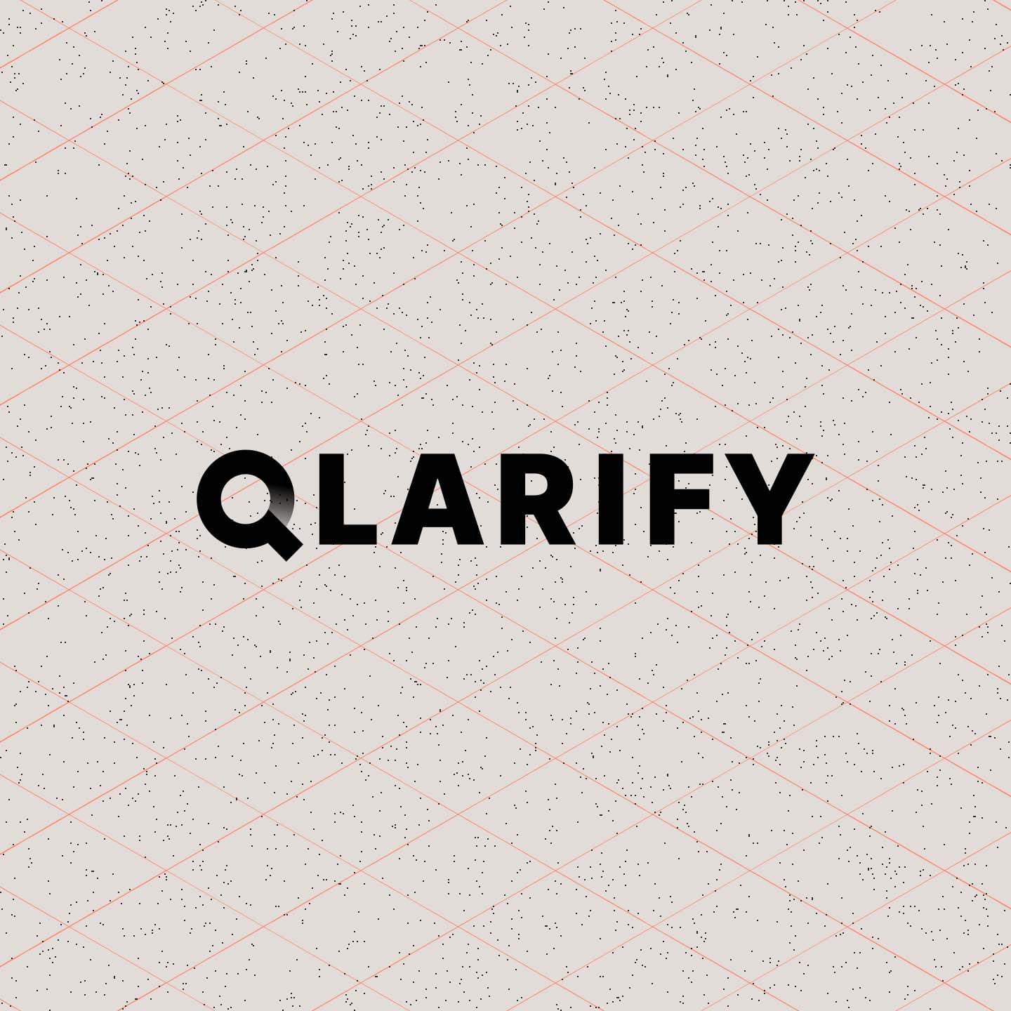The word "QLARIFY" in bold black text on a light beige background with pink grid lines and small black speckles.