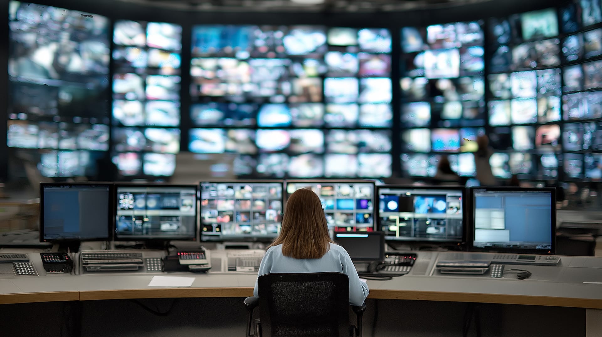 Person monitoring multiple screens in a control room with wall of video displays showing various camera feeds.
