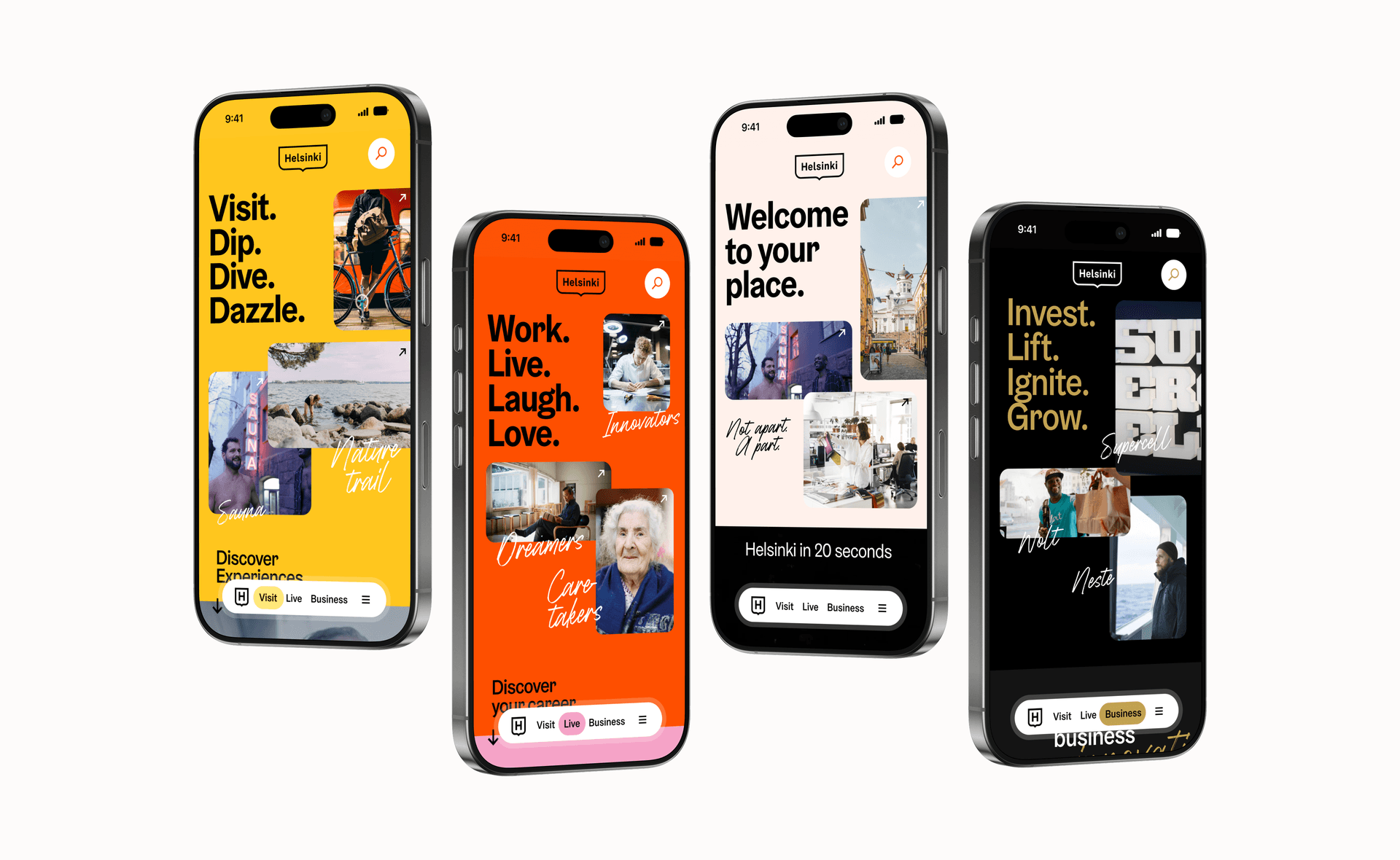 Four smartphones displaying Helsinki tourism app with colourful screens featuring city attractions and lifestyle themes.