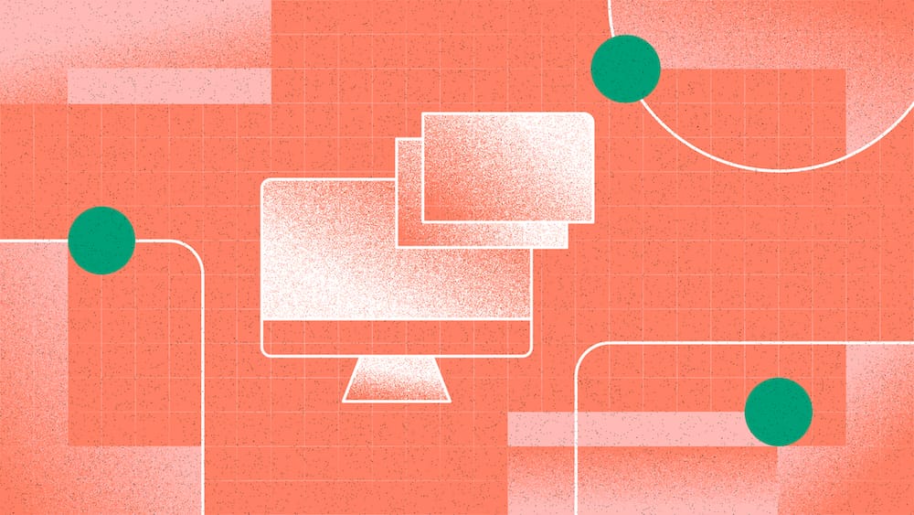 Abstract digital illustration with computer monitor on coral background, connected to green circles by white lines.