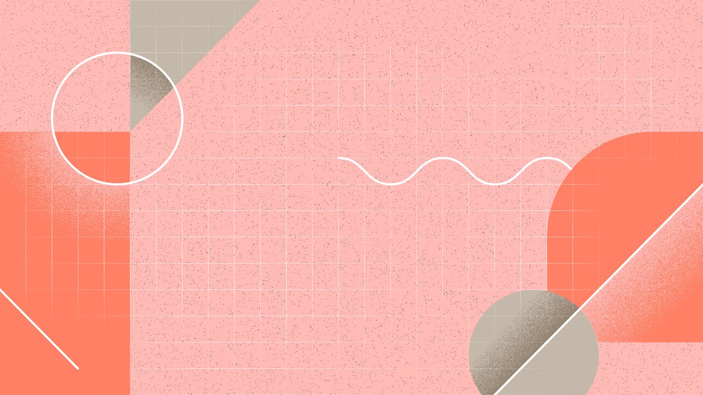 Abstract geometric design with pink background, coral shapes, grey circles, and white curved lines on a textured grid surface.
